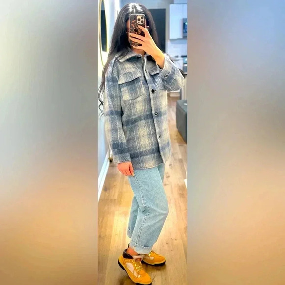 Tahari Jackets & Blazers - Tahari Staci Wool Blend Coat Shirt Jacket in Blue Plaid Women’s XS